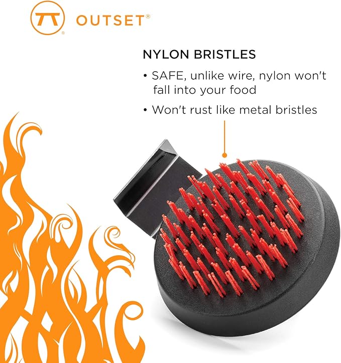 Outset 76621 Himalayan Salt Block, Pizza Stone and Cast Iron Pan Nylon Cleaning Brush with Stainless Steel Scraper, 5 x 4 x 3, Black