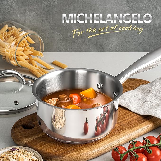 MICHELANGELO 1.5 QT Saucepan with Lid, 18/10 Stainless Steel Sauce Pan with Tri-Ply Bottom, Small Saucepan 1.5 Quart Sauce Pot, Induction Compatible