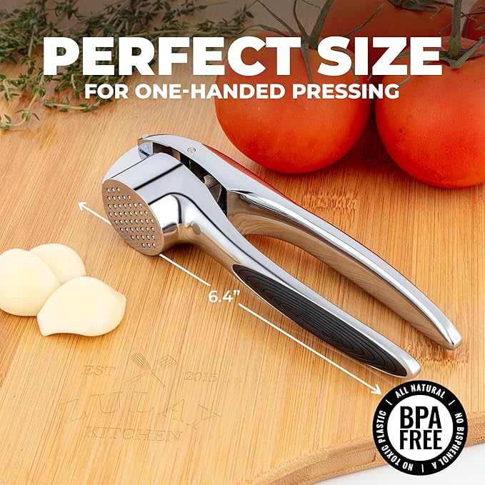 Zulay Kitchen Large Premium Garlic Press Set – Rust Proof & Dishwasher Safe, Bigger Bowl Garlic Mincer Tool with Silicone Garlic Peeler & Brush, Easy Squeeze & Clean, Ergonomic Handle - Chrome