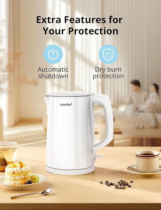 COMFEE' Electric Kettle and Tea Kettle, 1.5L Double Wall, Stainless Steel Interior, Lid & Spout, Fast Boil, Auto-Off, and Boil-Dry Protection, 1500W