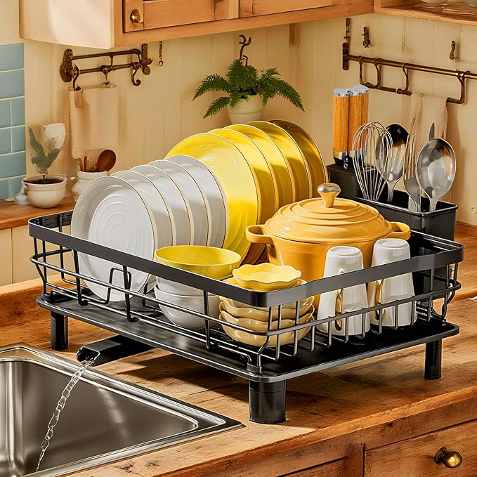 MOUKABAL Dish Drying Rack, Dish Rack, Stainless Steel Dish Racks for Kitchen Counter, Dish Drainer with Removable Utensil Holder, Drainboard (Black,13''W x 17''L)