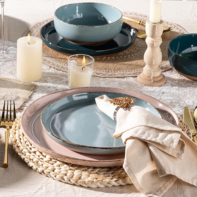 AmorArc Ceramic Dinnerware Sets for 4, 12 Pieces Handpainted Plates and Bowls Set with Rustic Terracotta Underside, Scratch Resistant Stoneware Dishes Set, Dishwasher & Microwave Safe, Multi-Color