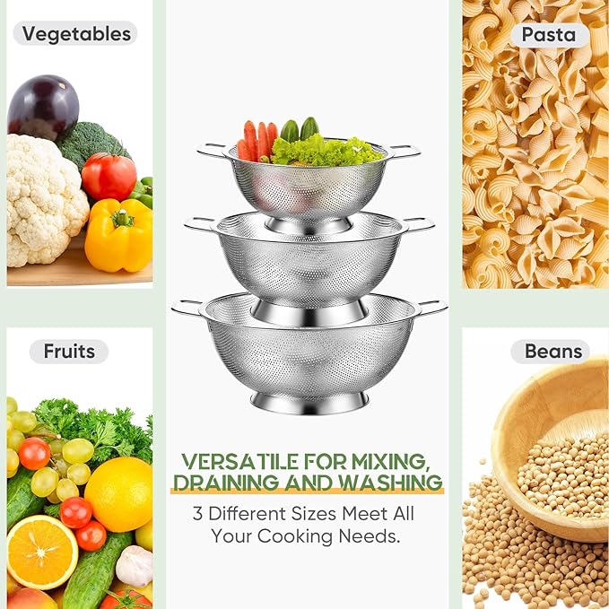 Bokon 3 Pcs Stainless Steel Colander Set Colander Bowl and Sieves 1/3/5 Quart Metal Mesh Strainer Net Basket with Handles Food Spaghetti Strainer for Kitchen Draining Pasta Rinsing(Silver)