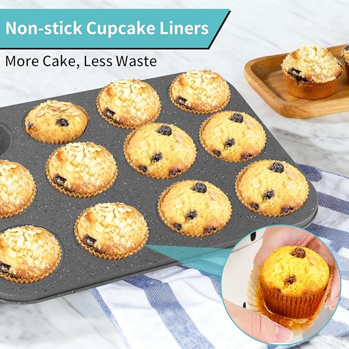 Baking Pans Set, 5 Piece Grey Marble Nonstick Bakeware with 100 Cupcake Liners – Stackable Carbon Steel Set for Small Kitchens, Apartments, Home Baking and Gifts