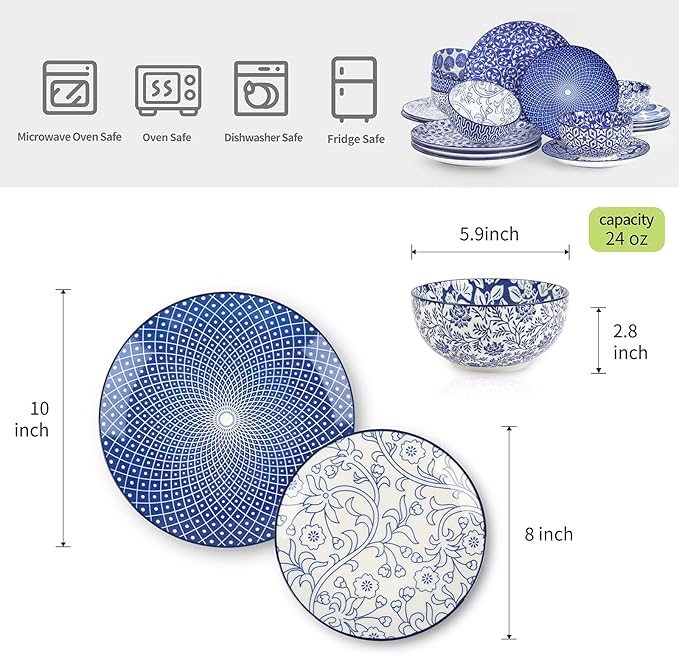 Selamica Ceramic Dinnerware Sets for 6, 18 Pieces Plates and Bowls Set, Scratch Resistant Dishes Set, Dishwasher&Microwave Safe, Vintage Blue