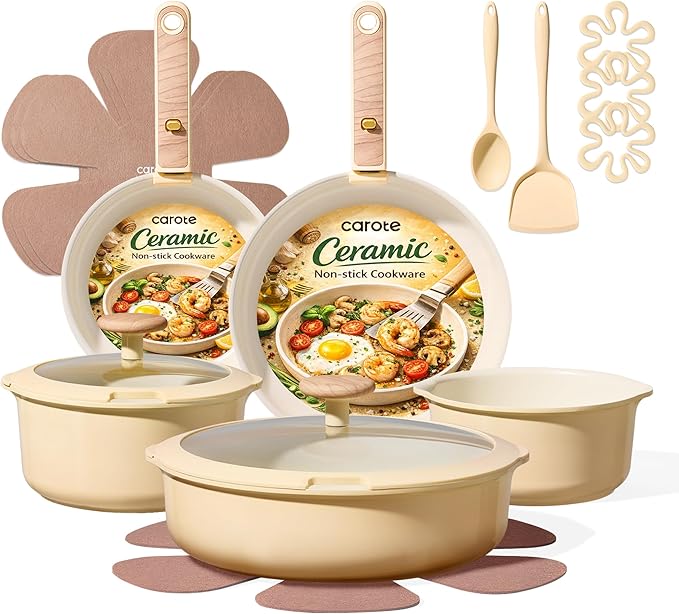 CAROTE 18 Pcs Ceramic Cookware Set Detachable Handle, Non Toxic Pots and Pans Set Non Stick, Induction Kitchen Cookware Removable Handles, Oven Safe, Stackable RV/Camping Cooking Set, Yellow