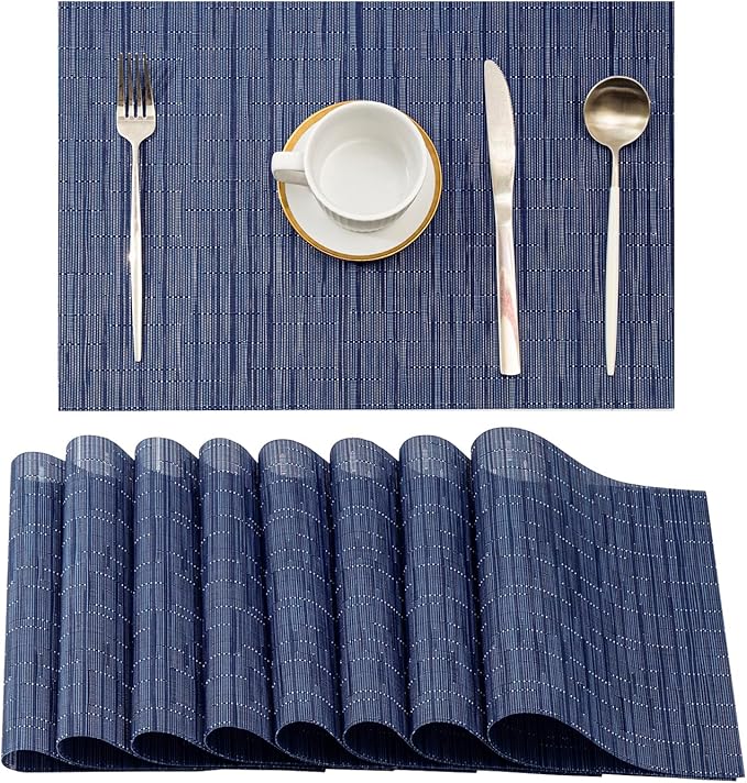 Leetaltree Blue Placemats Set of 8 - Heat Resistant Non-Slip Place mats for Dining Table, Washable Durable PVC Vinyl Woven Table Mats（Blue, 8）