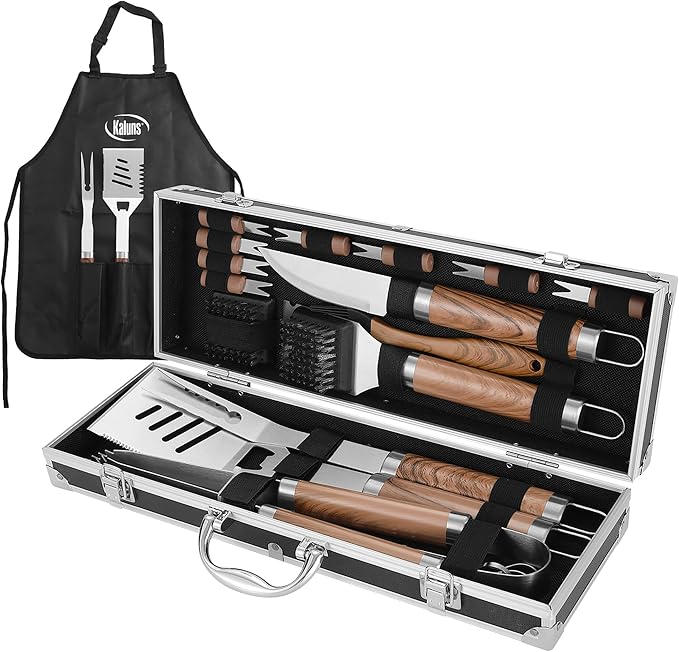 Kaluns Grilling Accessories, Dad Gifts for Fathers Day, Mothers Day Grilling Gifts, Heavy Duty Stainless Steel BBQ Tool Set for Outdoor Grill with Aluminum Case and Apron, Birthday Gifts for Men