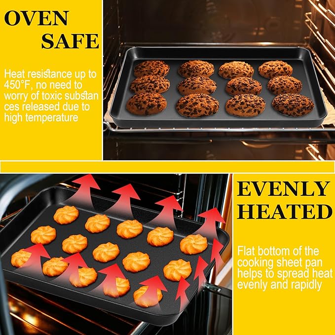 E-far Cookie Baking Sheet Set of 3, Nonstick Metal Sheets Pans Jellyroll Trays for Oven, Large/Medium/Small (16/12.4/10.4”) No-toxic Rectangle Bakeware for Baking Cake Bread, Easy Clean