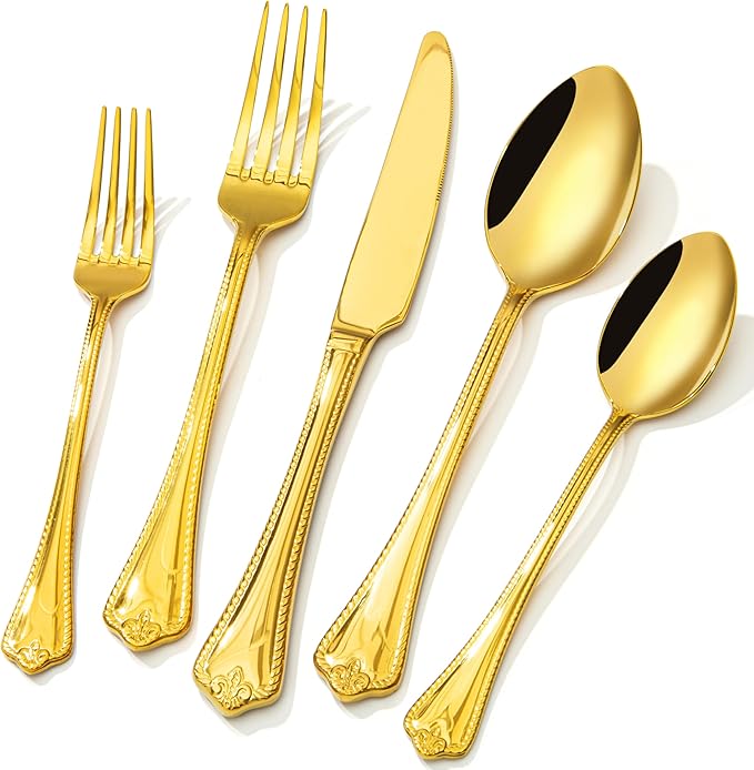 KINGSTONE Gold Silverware Set, 20-piece 18/10 Stainless Steel Flatware Set Cutlery Set for 4, for Kitchen, Home, Wedding, Party, Mirror Polished and Dishwasher Safe, Featured Gifts