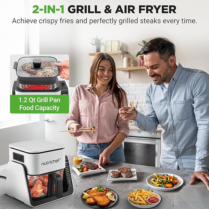 NutriChef 4 QT Air Fryer & Grill | 8-1 Preset Cook Modes | Transparent Fry Bowl for Best Cooking Results | Cook Shrimp, Steak, Fries, Wings & More | 4 QT Glass Air Fryer & 1.2 QT Grill | White