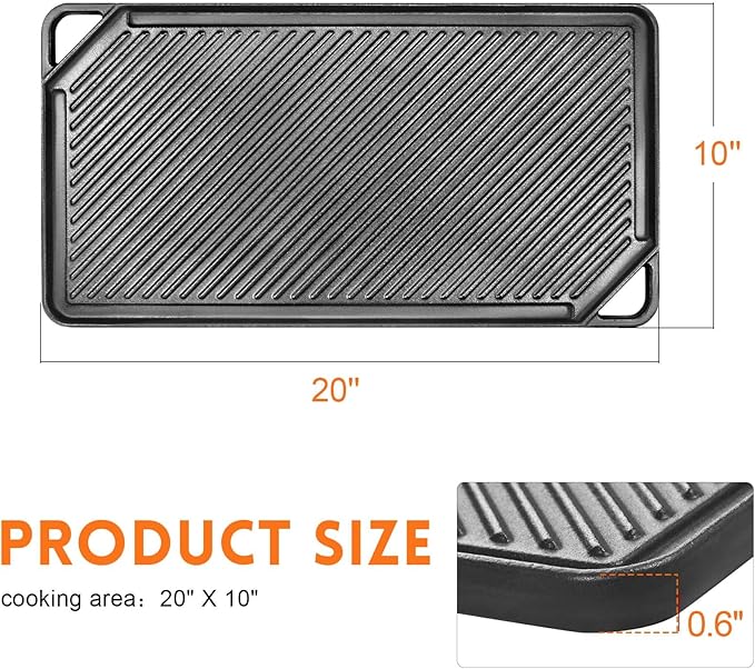 GGC Cast Iron Griddle for Gas Stove, Reversible Griddle for Gas Grills, 20 x 10 Flat and Ribbed Griddle Plate for Outdoor and Indoor Cooking
