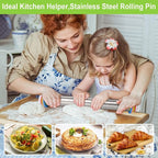 Rolling Pin with Thickness Rings and Silicone Baking Mat, Adjustable Stainless Steel Rolling Pins for Pasta or Sugar Decorating Cookies, Bread Making Tools Fondant Roller for Dough, Dumpling, Ravioli