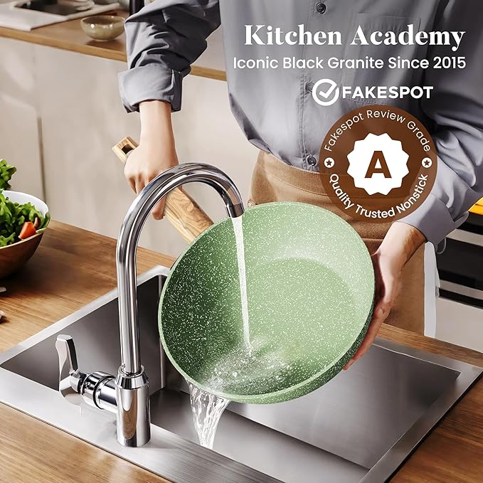 Kitchen Academy 17 Pieces Induction Cookware Set with Griddle, Green Granite Pots and Pans Set Non Stick, Healthy Nonstick Cooking Pans Set