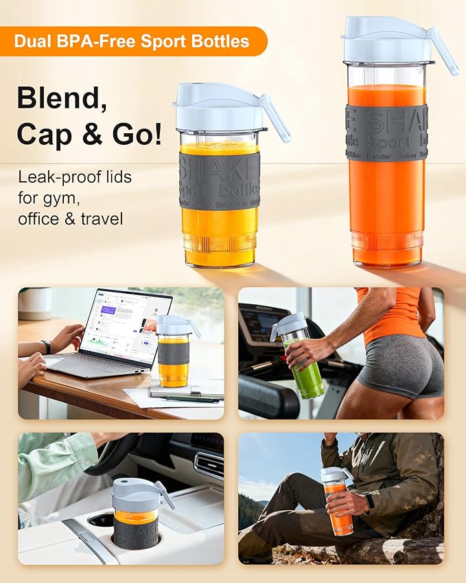 Smoothie Blender, 650W Personal Blenders for Shakes and Smoothies with Grinder Cup & 2 BPA-Free Portable Cups (20oz+14oz), Portable Blender for Juices, Smoothies Maker for Kitchen, Blue