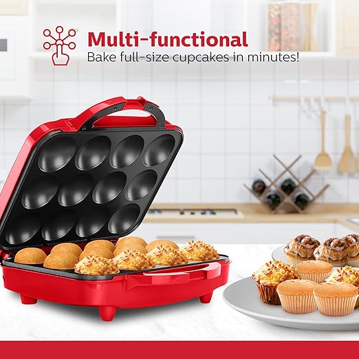Holstein Housewares Non-Stick 12-Count Electric Cupcake Maker Machine – Bakes 12 Cupcakes, Muffins, Pizza Cups, Cinnamon Buns – Perfect for Gifts, Birthdays, Holidays, or Bake Sales, Red