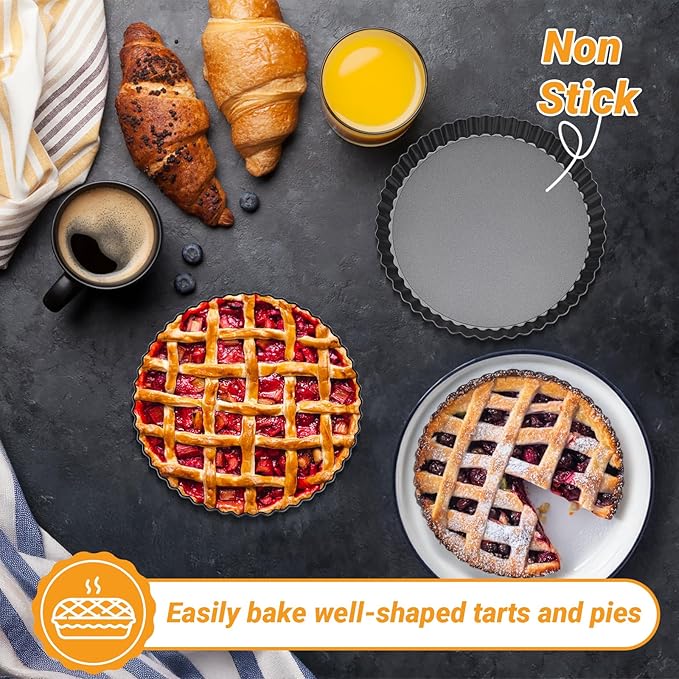 Beasea Mini Tart Pans for Baking, 2pcs 8 Inch Tart Pan with Removable Bottom Small Non Stick Carbon Steel Quiche Pie Pans for Oven Baking
