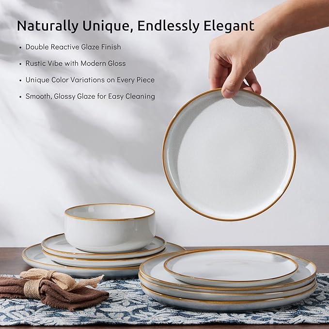 E-far Plates and Bowls Set for 8, 24-Piece Stoneware Dinnerware Sets, Ceramic Dinning Ware Reactive Glaze Dishes Set, Microwave & Dishwasher Safe - Seashell White