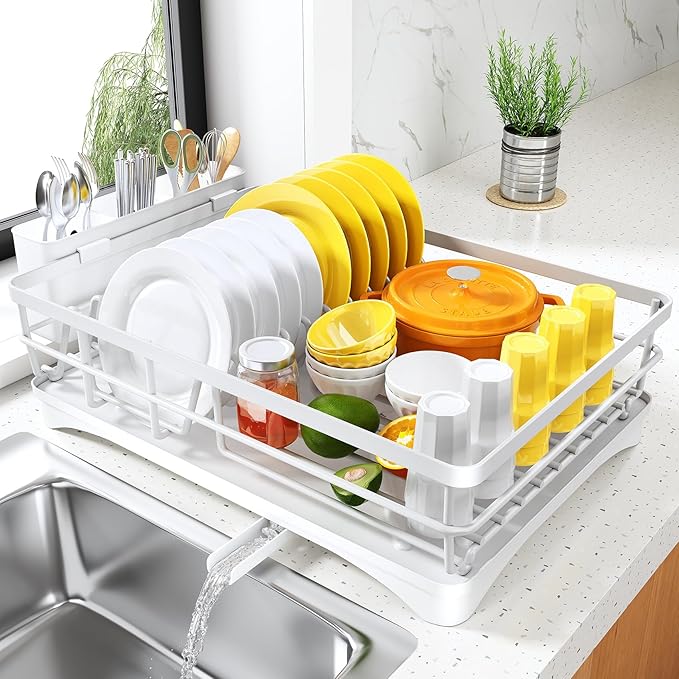 SNTD Dish Drying Rack for Kitchen Counter - Large Dish Rack with Drainboard, Rustproof Dish Drainer with Utensil Holder for Sink, White
