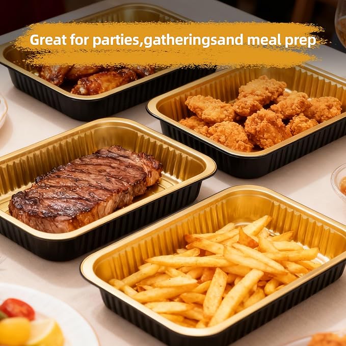 Aluminum Foil Pan with Lids,Heavy Duty Disposable Aluminum Baking Pans,14.57"×10.63" Steam Table Pan for Cooking,Heating, Storing,Prepping Roasting and Chafing (5 Pack Black and Gold w/Lids)