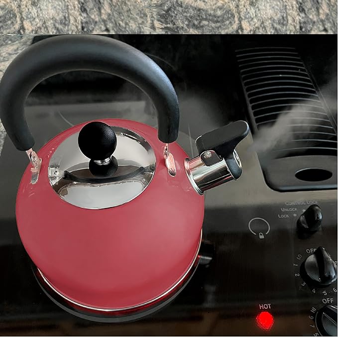 Lily's Home 2 Quart Stainless Steel Whistling Tea Kettle, the Perfect Stovetop Tea and Water Boilers for Your Home, Dorm, Condo or Apartment. (Pastel Red)