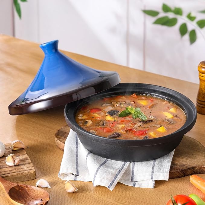 Moroccan Tagine for Cooking: Enameled Cast Iron Cooking Pot, Slow Cooker, Classic Kitchen Cookware, Tajine with Ceramic Cone-Shaped Closed Lid, 3.3 QT, Blue