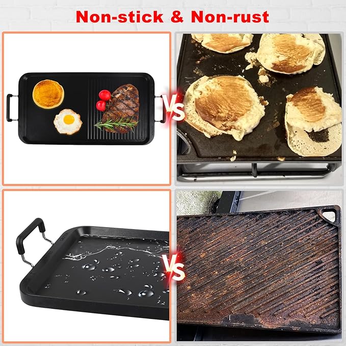 Vayepro 2-in-1 Stove Top Griddle & Grill Pan, 20 Inch Non-Stick Double Burner Griddle for Gas, Electric, and Camping Stoves, Perfect for Pancakes, BBQ, and Indoor/Outdoor Cooking