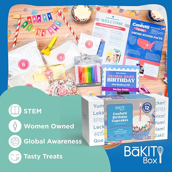 BāKIT Box Confetti Cupcakes Birthday Kit for Kids – Global Celebration Baking Kit – Cupcake Liners & Candles Included – STEM Birthday Activities – Ages 5–13