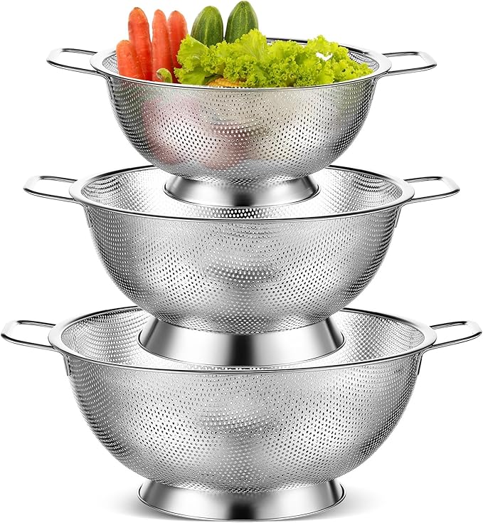Bokon 3 Pcs Stainless Steel Colander Set Colander Bowl and Sieves 1/3/5 Quart Metal Mesh Strainer Net Basket with Handles Food Spaghetti Strainer for Kitchen Draining Pasta Rinsing(Silver)