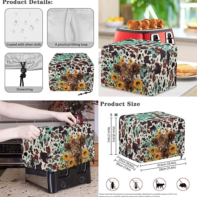 Highland Cow 4 Slice Toaster Blender Slow Cooker Covers Daisies Dust Proof Bag Covers Sunflower Kitchen Accessories Set Splash Resistant Keep Appliance Clean 3 Pieces