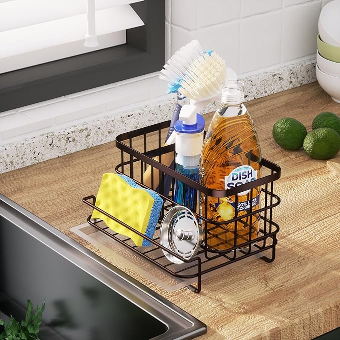 HapiRm Multifunctional Kitchen Sink Caddy with Removable Drain Tray, Quick Draining Rustproof Sink Organizer, Stainless Steel Kitchen Sponge Holder for Sponge, Cleaning Towel and Scrubber-Bronze