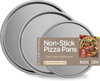 Bakken Swiss Pizza Tray Set 3-Piece – Gray Ceramic Coating, Non-Stick, Round Steel Pizza Pans - Dishwasher Safe, Premium Bakeware for Home Cooking Heatly coating