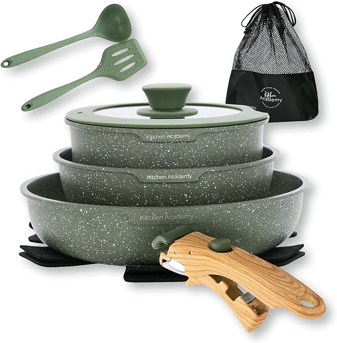 Kitchen Academy Removable Handle Pots and Pans Set - 10 Pieces Green Cookware Set with Removable Handle, RV Induction Cookware Set for Camp