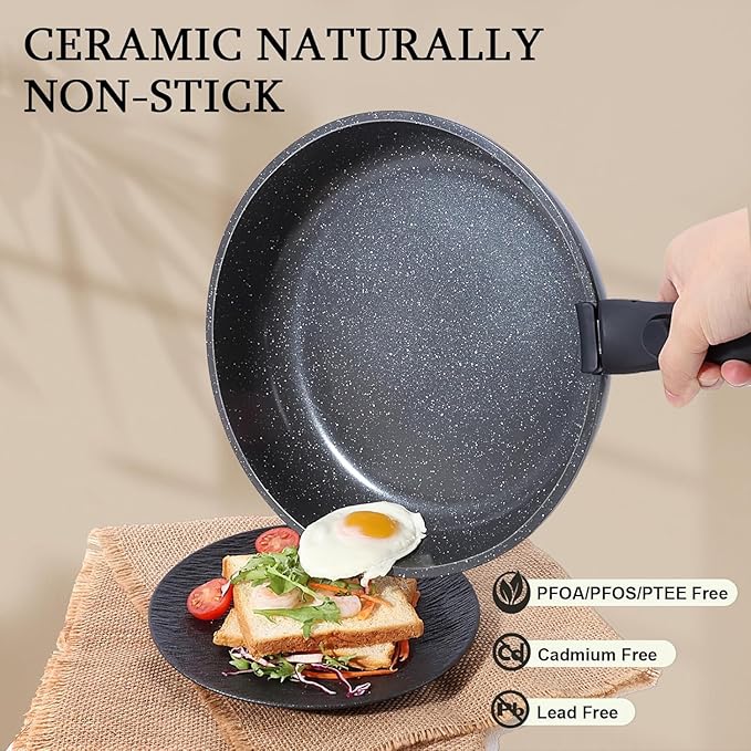 GiPP Ceramic Pots and Pans Set Non Stick, Nonstick Detachable Handle Cookware Sets, Non Toxic Induction Kitchen Pot and Pan with Removable Handle, Healthy RV Cookware, Dishwasher ＆Oven Safe, 5 Piece