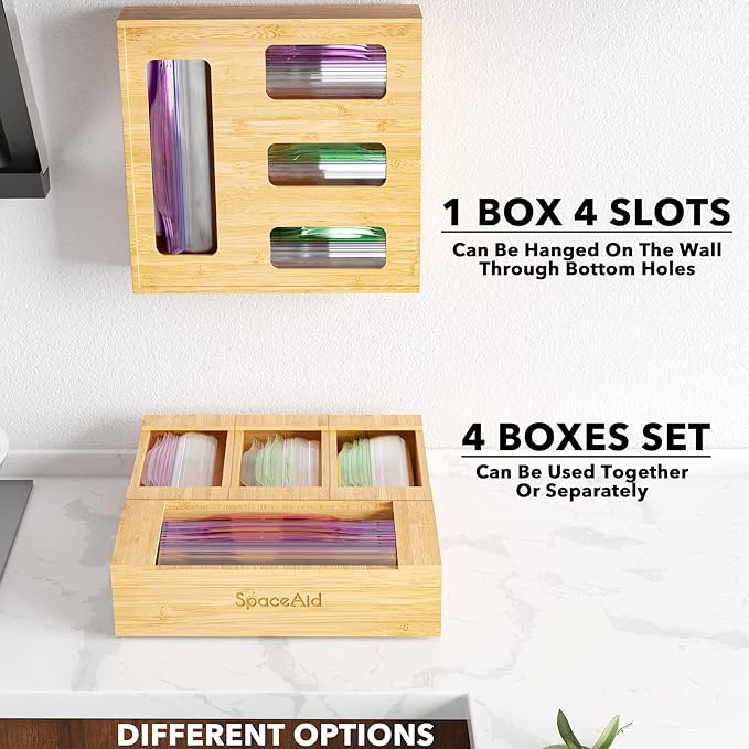SpaceAid Bag Storage Organizer for Kitchen Drawer, Bamboo Organizer, Compatible with Gallon, Quart, Sandwich and Snack Variety Size Bag (1 Box 4 Slots, Natural, 2" High)