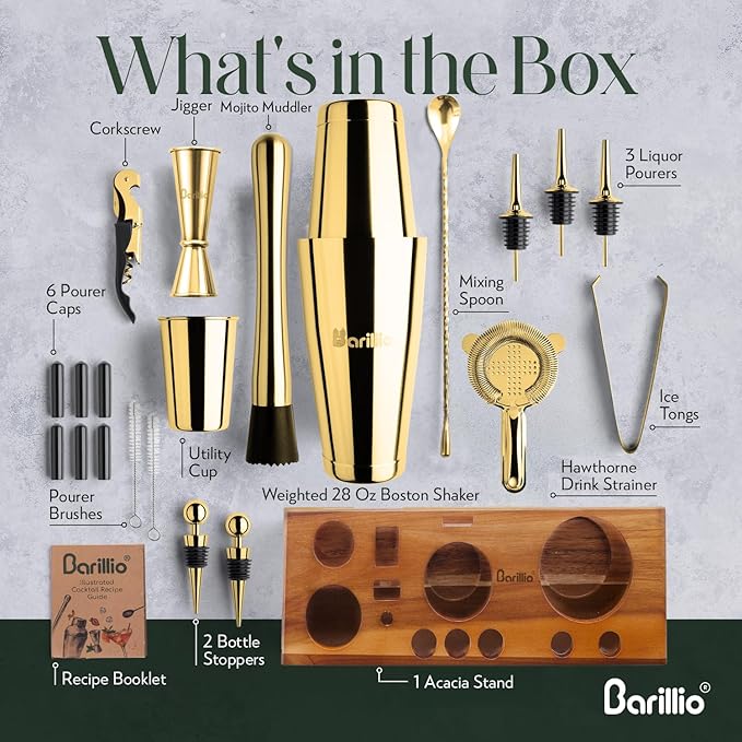 Barillio Gold Bartender Kit – 23-Piece Stainless-Steel Cocktail Shaker Set with Premium Acacia Stand | Martini Barware Mixing Tools for Home Bartending | Gift Set