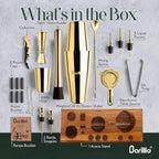 Barillio Gold Bartender Kit – 23-Piece Stainless-Steel Cocktail Shaker Set with Premium Acacia Stand | Martini Barware Mixing Tools for Home Bartending | Gift Set