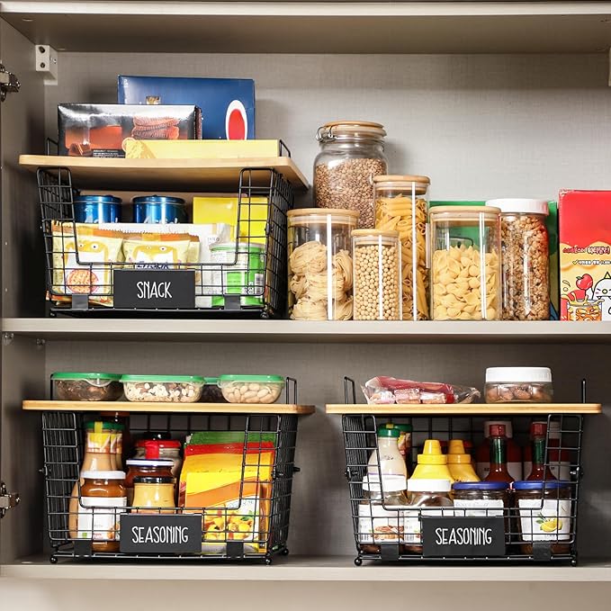 2 Set XXL Stackable Wire Basket with Bamboo Tops & Tag- Pantry Organizer and Storage Bins, Kitchen Counter Cabinet Shelf Countertop Under Sink Organizing, Food Snack Produce Onion Potato Bread Storage