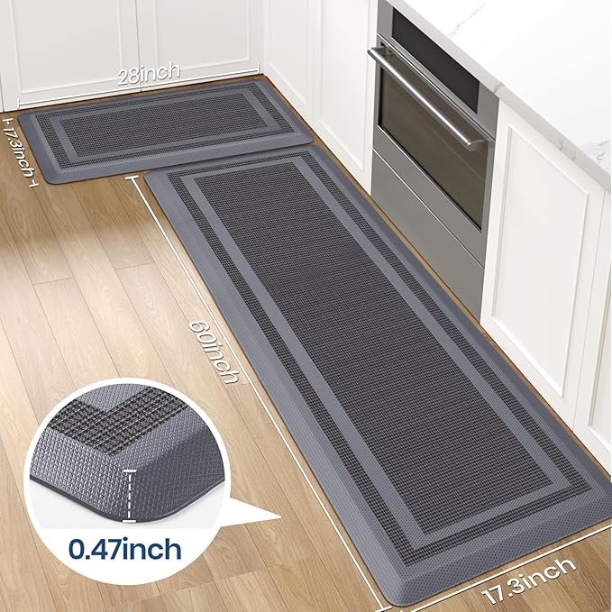 KitchenClouds [2 PCS Kitchen Rugs Cushioned Anti-Fatigue Kitchen Mats for Floor Waterproof Kitchen Rug Set Non-Slip Comfort Standing Mat for Office, Sink, Laundry 17.3"×28"+17.3"×60", Grey
