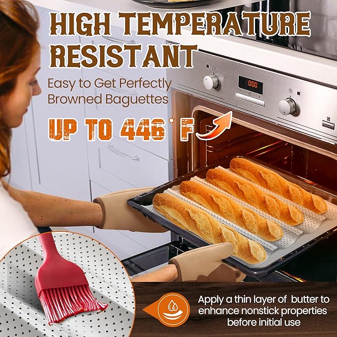 Pavsrmy Baguette Bread Pan, Premium Nonstick Perforated Baguette Pan for French Bread Baking, 4 Loaves Baguette Baking Tray for Sourdough, Italian Bread, Perfect for Creating Crisp Golden-Brown Crust