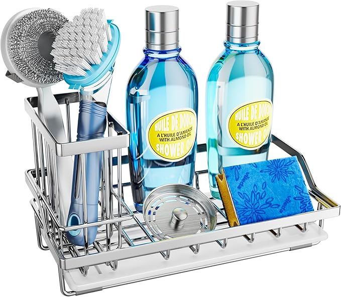 SWTYMIKI Multifunctional Kitchen Sink Caddy - Large Sponge Holder for Kitchen Sink with Removable Brush Holder + Drip Tray, Silver