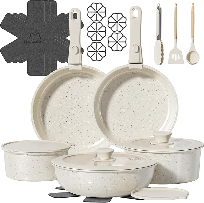 23 Pcs Pots and Pans Set Non Stick, Ceramic Cookware Set Non Toxic with Detachable Handles, Healthy Induction Cookware Oven Safe RV Kitchen Set, PFAS PFOA & PTFE Free, Cream White
