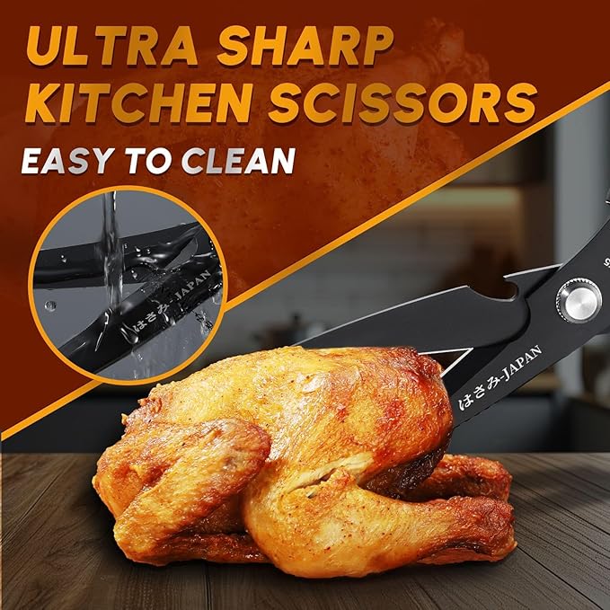 HUUSK Kitchen Scissors Set Black - Stainless Steel Kitchen Shears, Sharp Meat Scissors Dishwasher Safe, Heavy Duty Poultry Shears All Purpose, Japanese Cooking Scissor for Food,Christmas Gifts for Men