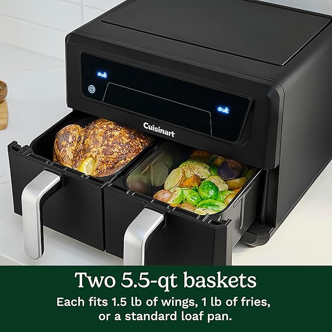 Cuisinart Dual Basket Air Fryer, Two Baskets Totals 11 QT, 4 Function Air Fryer to Air Fry, Roast, Bake & Keep Warm, Features Sync Finish & Settings, Toss Reminder, Automatic Warm Mode & Auto-Pause