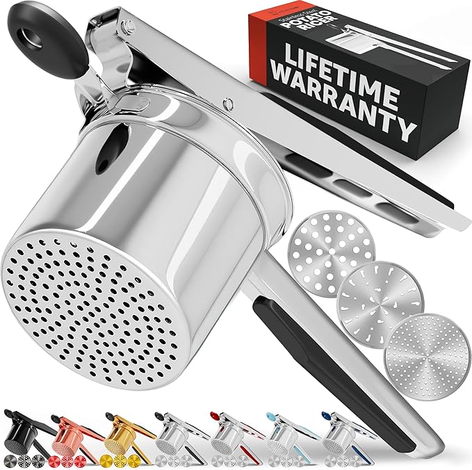 PriorityChef Large 15oz Potato Ricer With 3 Discs, Heavy Duty Stainless Steel Potato Ricer for Mashed Potatoes, Potato Masher, Press and Ricer Kitchen Tool, Black
