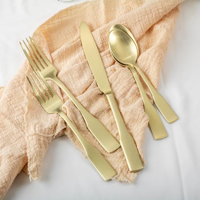 Alata Kate Champagne Gold Satin 40-Piece Silverware Set, Service for 8, Stainless Steel Flatware Set, Matte Polished Cutlery Set, Dishwasher Safe