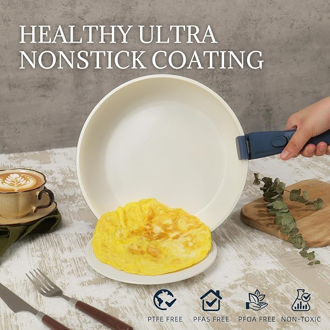 Ceramic Cookware Set Non Stick 8Pcs Pots and Pans Set Detachable Handle Induction Kitchen Cooking Set with Frying Pans Oven Dishwasher Safe, PFAS/PFOA Free, Navy