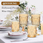 Qinyoung 48 Plastic Vintage Drinking Glasses 8.5oz Stemless Retro Embossed Wine Glasses Shatterproof Reusable Cups for Baby Shower Wedding Reception Grand Event Party (Yellow)