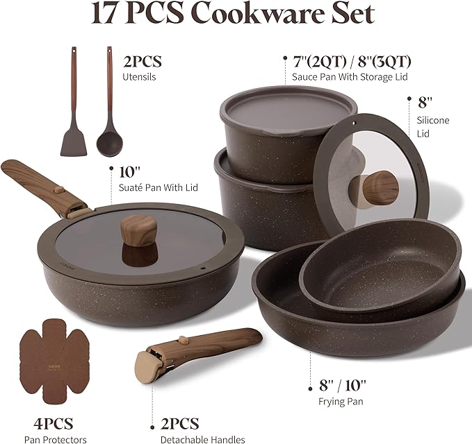CAROTE 17PCS Pots and Pans Set Non Stick with Detachable Handle, Nonstick Cookware Sets, Cooking Kitchen Set, Oven/Dishwasher Safe, Induction Cookware, Brown, RV Kitchen Pot and Pan