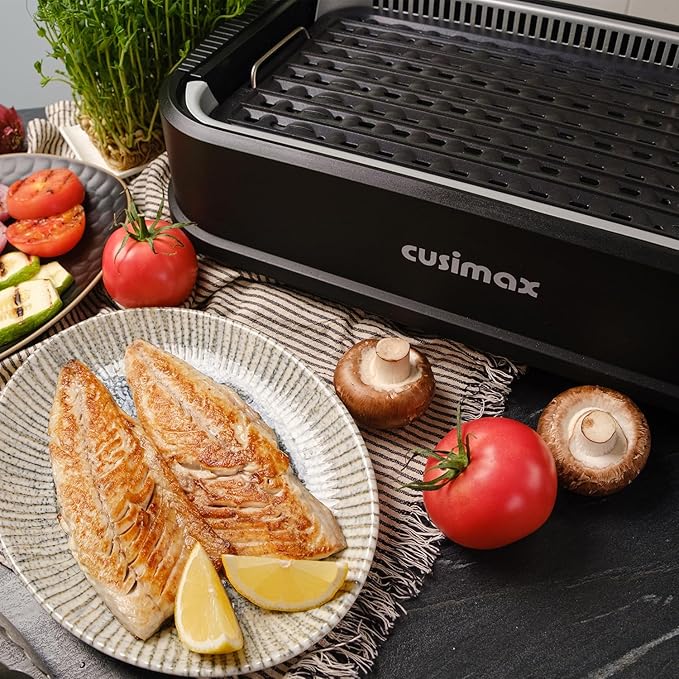 Indoor Grill, CUSIMAX Smokeless Grill Indoor, 1500W Electric Grill Griddle Korean BBQ with LED Smart Display & Tempered Glass Lid, Non-stick Removable Grill Plate & Griddle Plate, Black